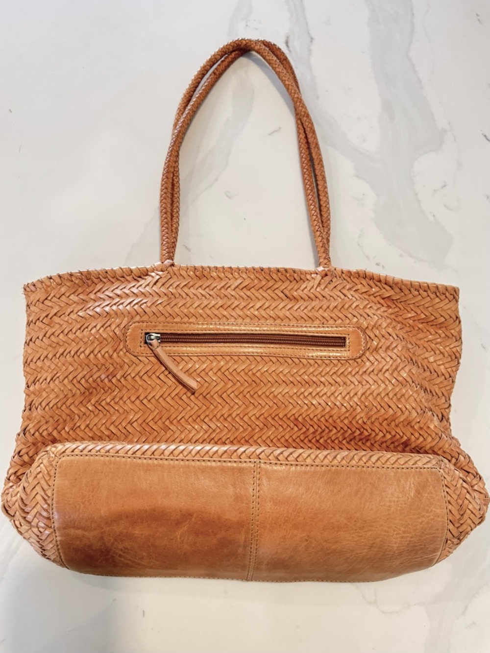 Genuine ✨Leather✨ Woven Tote Bag - Natural Brown, Zipper Top, Multiple Pockets - Picture 3 of 11